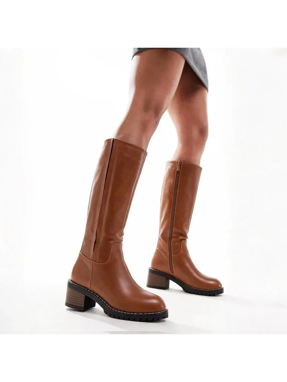 Women's Brown Low Block Heel Square Toe Side Zipper Imported Knee High Boots
